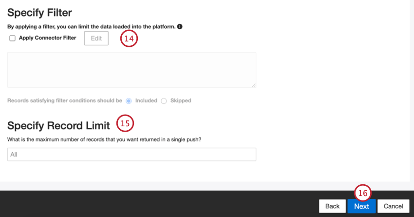 adicionar um filtro de conector e especificar o número de registros a serem importados