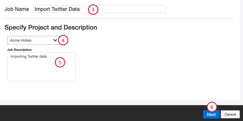 naming the job, choosing a project, and entering a description