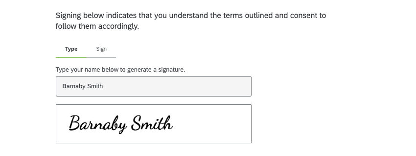 Der Befragte:r hat Barnaby Smith eingegeben, der dann eine kursive, digitale Signatur generiert hat.