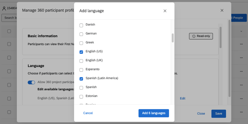 new modal opens where you can select from a list of languages