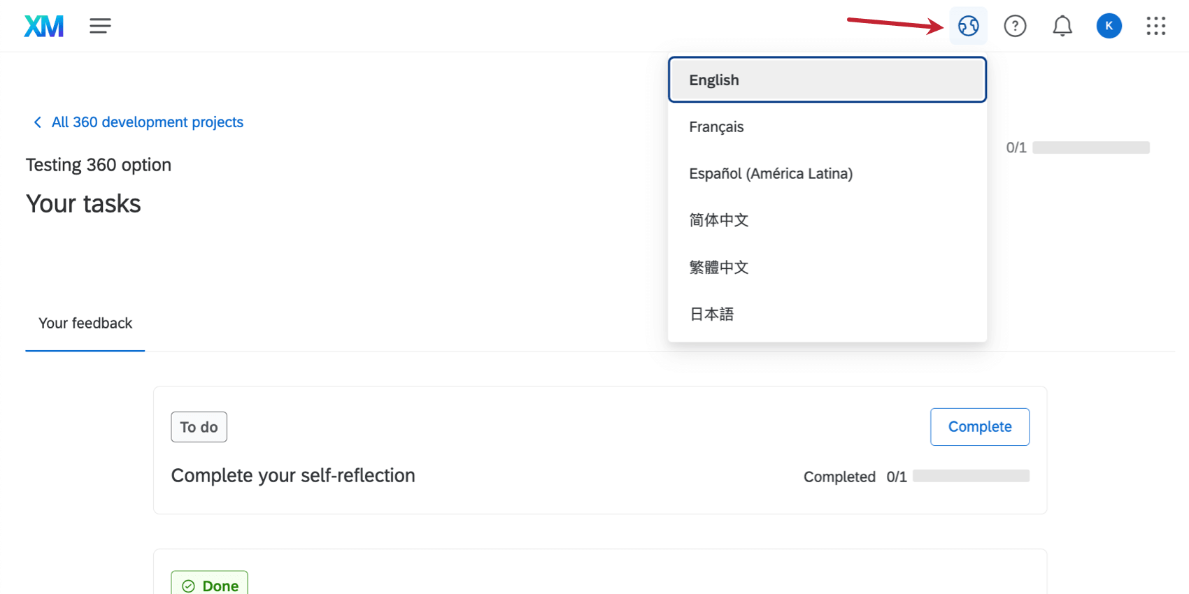globe button expands to show language options