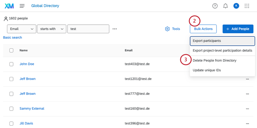 clicking bulk actions, then delete people from directory