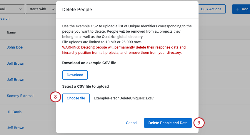 uploading a file to delete participants