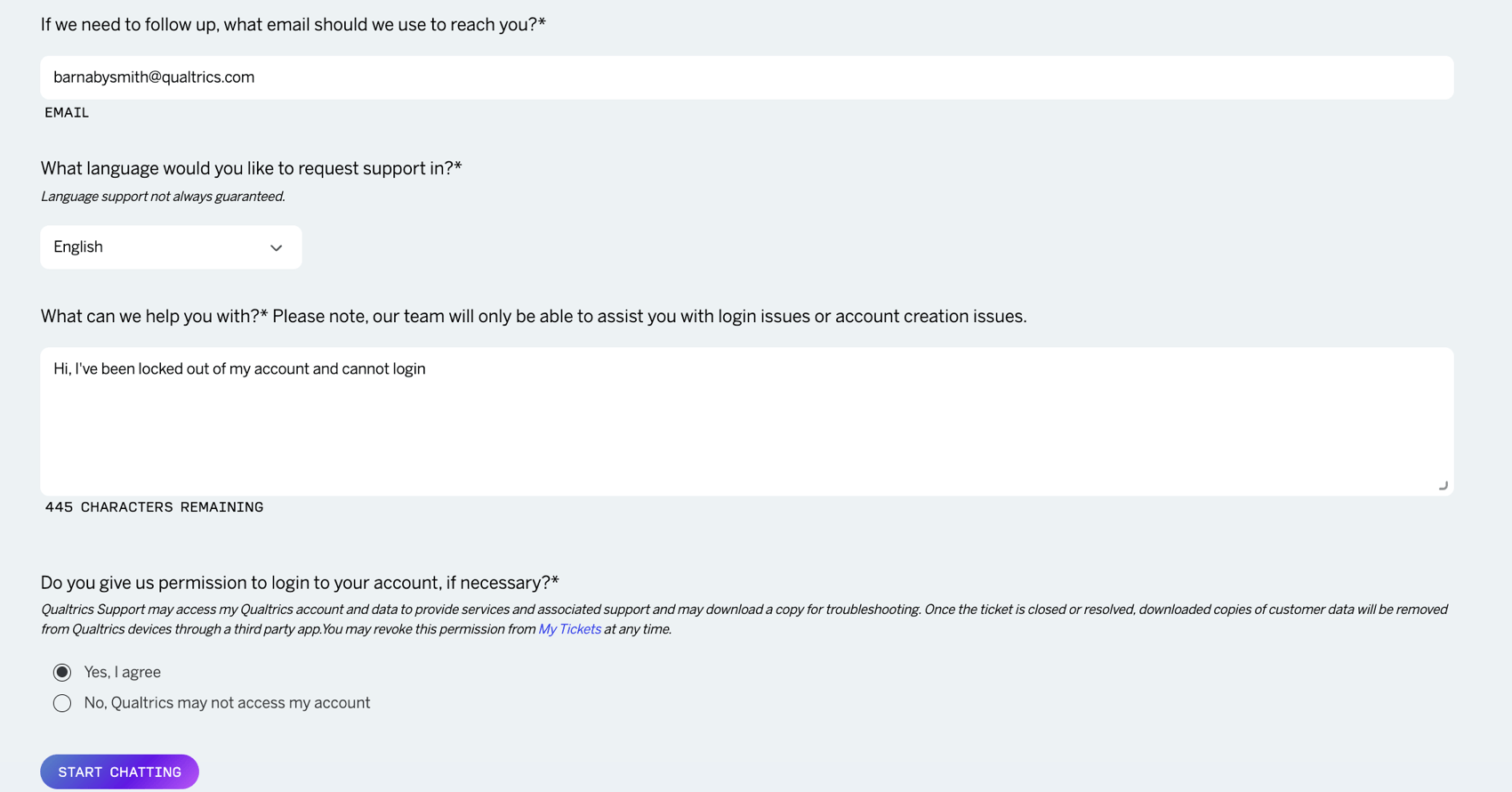 filling out the form to get in contact with Qualtrics support