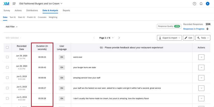 Durée dans la colonne Données et analyse