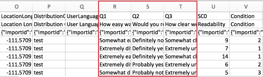 Q1、Q2、Q3の列が強調表示されたCSVファイル