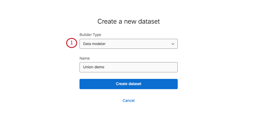 Modelo de datos seleccionado en la página de creación de un conjunto de datos