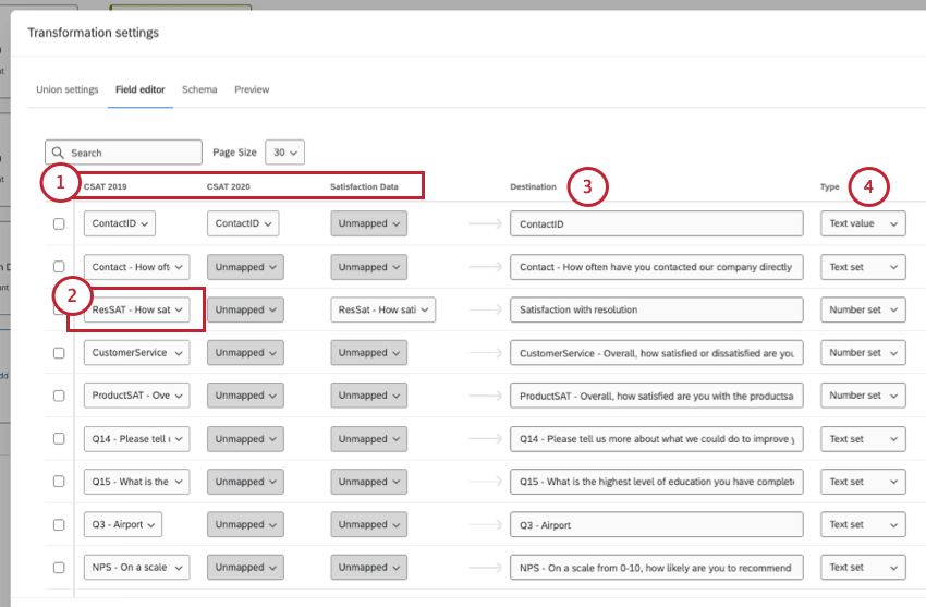 Union block is clicked. Field editor can be found in the menu that opens in a new modal called transformation settings
