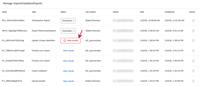 the view results button in red on the manage imports page