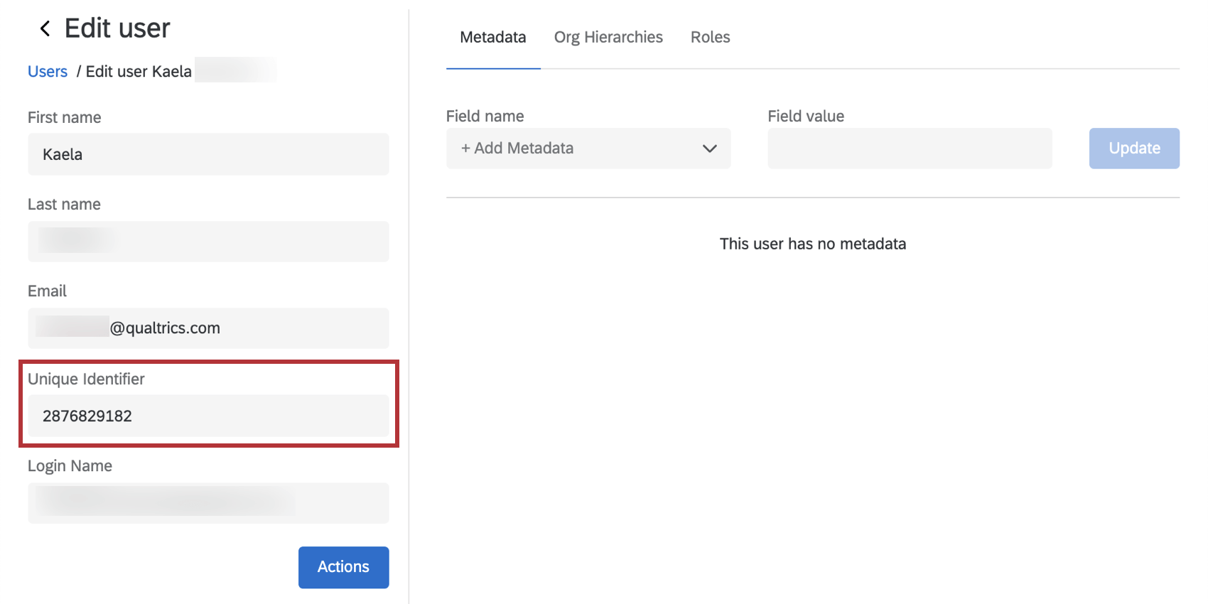 User info window with Unique Identifier field on the left
