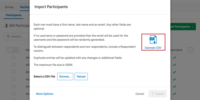 CSV für den Import von Teilnehmern hervorgehoben