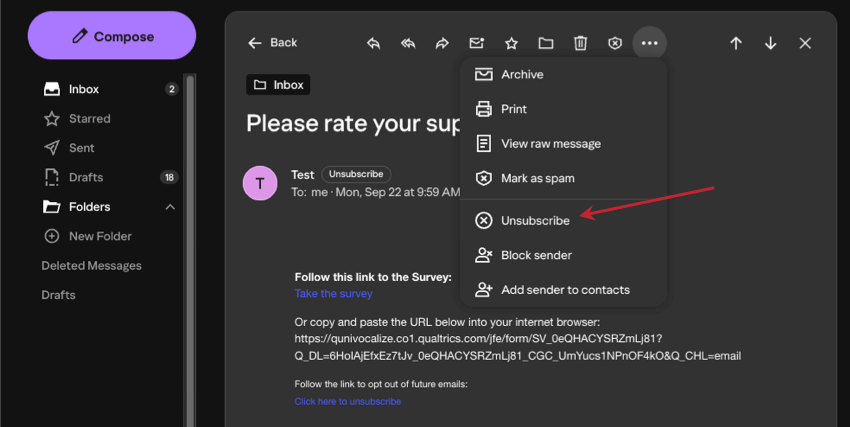 cliquer sur le bouton des outils à 3 points dans le-mail et surligner loption de désinscription