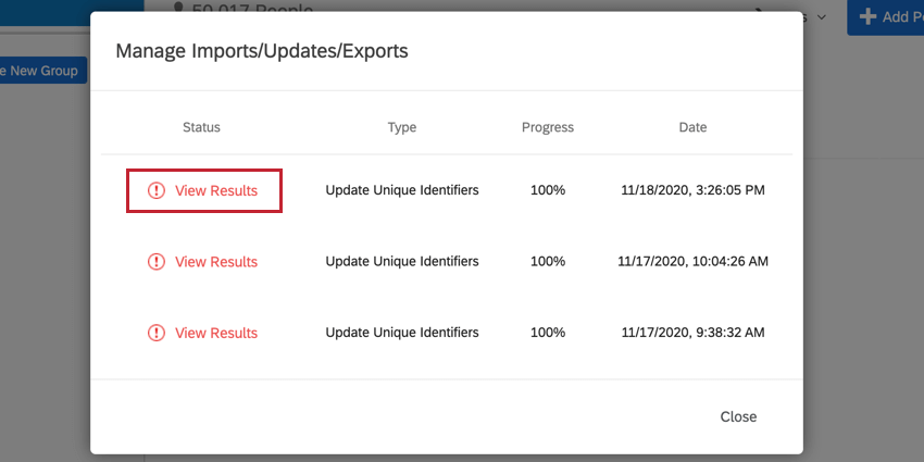 o botão Exibir resultados em vermelho