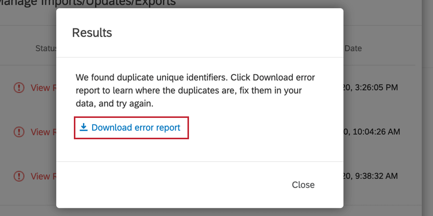 the download error report button