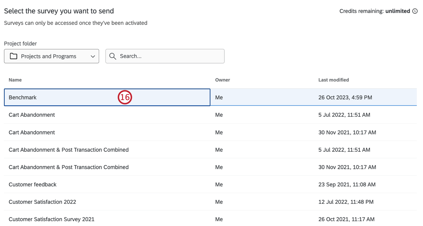 selecting a survey from the list of available surveys to distribute
