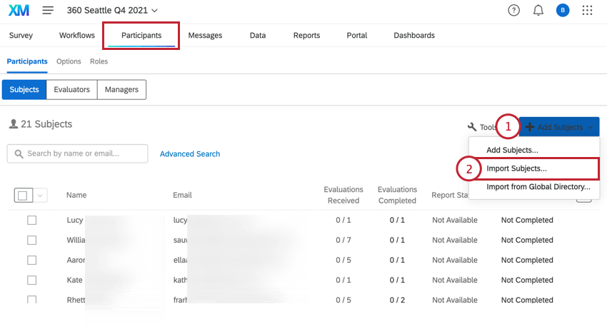 clicando em Adicionar assuntos e selecionando importar assuntos