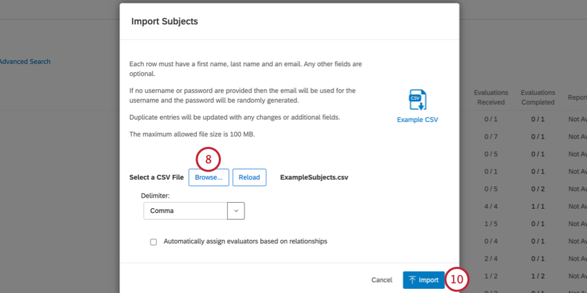 Clicking browse and then clicking import after selecting a file