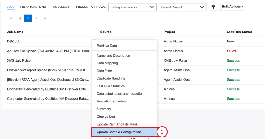 selecting update sample configuration from the job options menu
