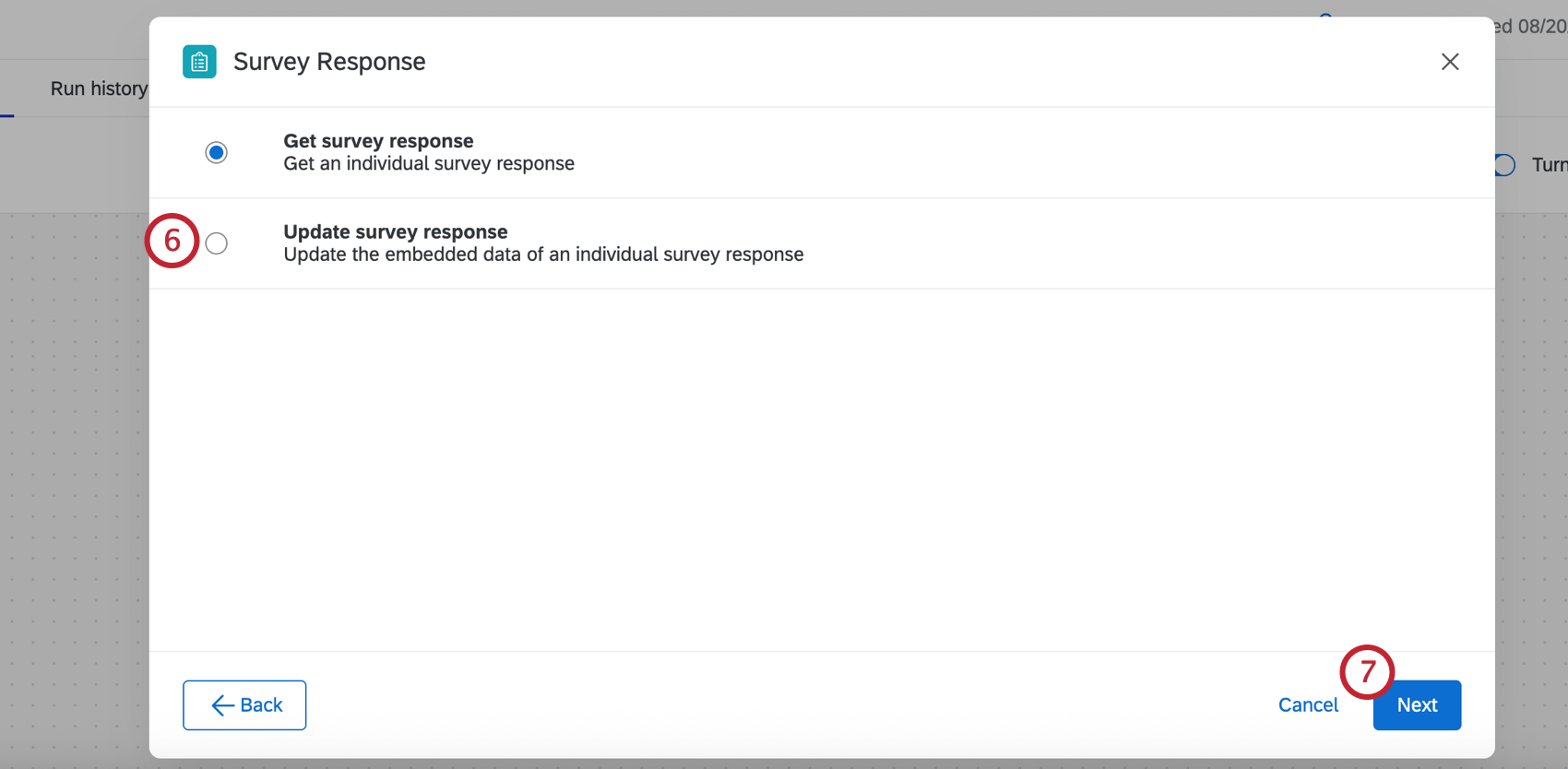 "update survey response" option in the task setup