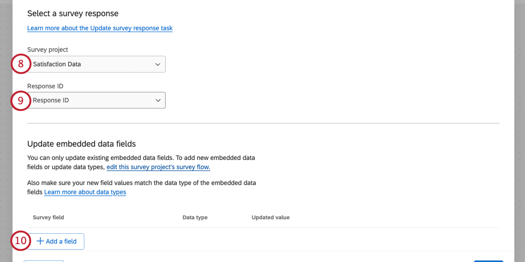 selecting a survey response and configuring embedded data fields