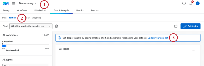 clicking the "update your data set" link in the text iq section of a survey
