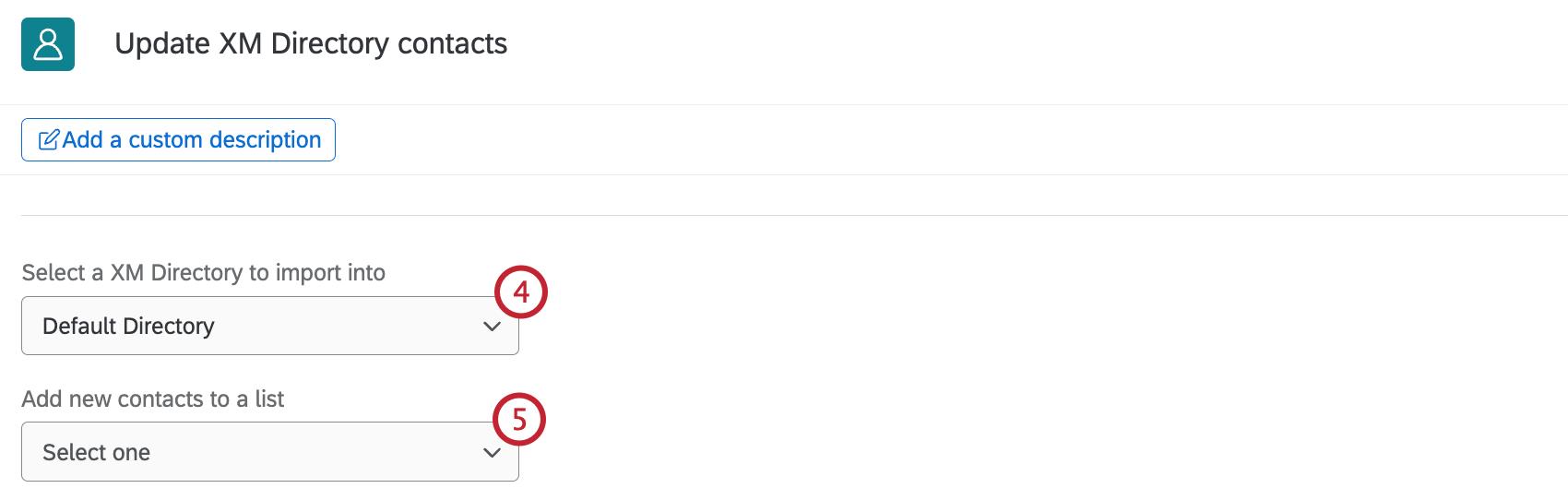 dropdowns to select a directory and contact list within the task
