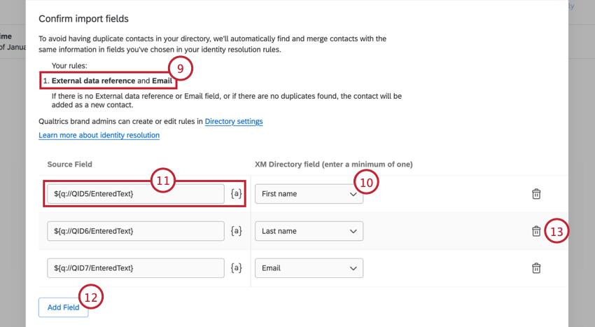choosing fields from the source and mapping them to xm directory fields