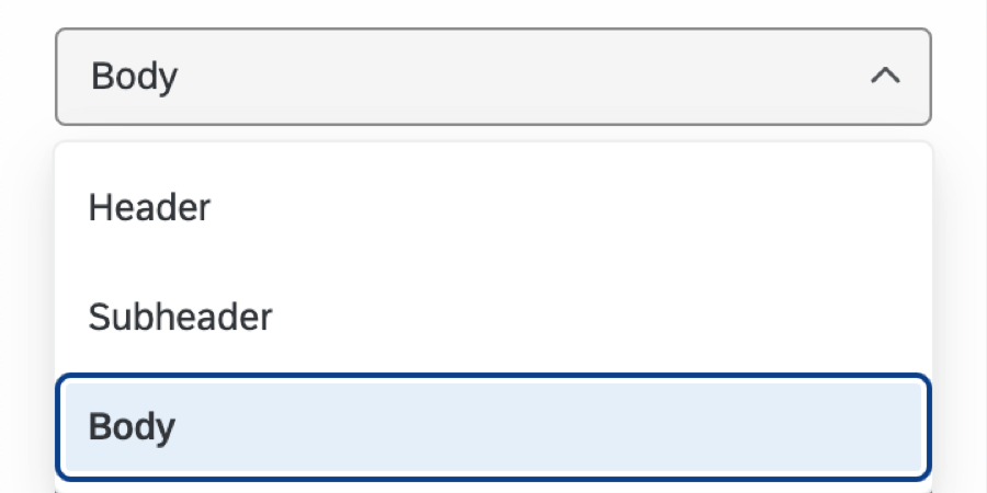 opções de tipo de texto