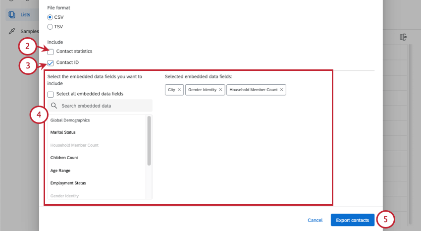 window where you configure what you want to include in your file export