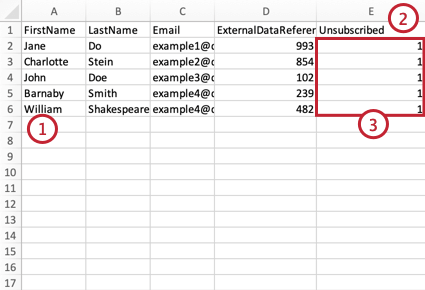 creating a file to opt out contacts. we added a column for "unsubscribed" and then put 1 as the value for every contact we want to opt out
