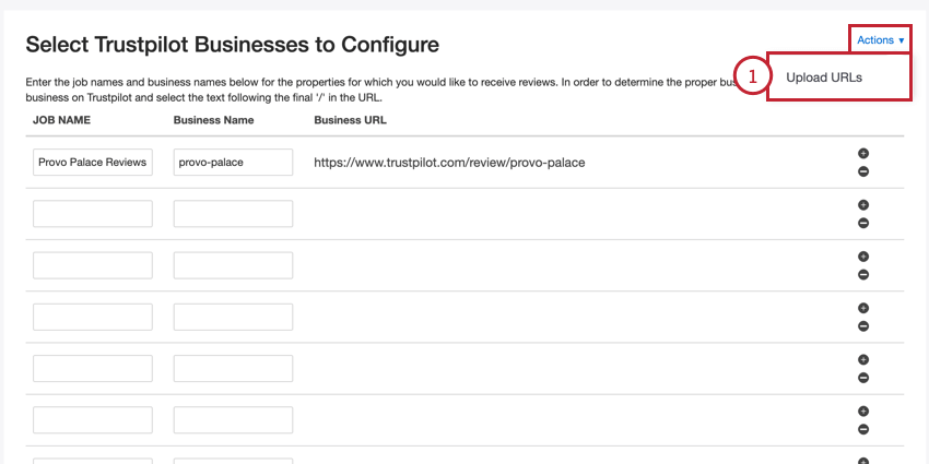 clicando no menu Actions (Ações) no canto superior direito e escolhendo Upload URLs (Carregar URLs)