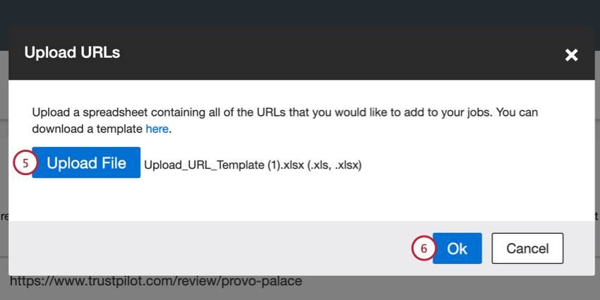 Upload URLs ウィンドウで Upload File ボタンをクリックし、プロパティデータを含むファイルを選択する。