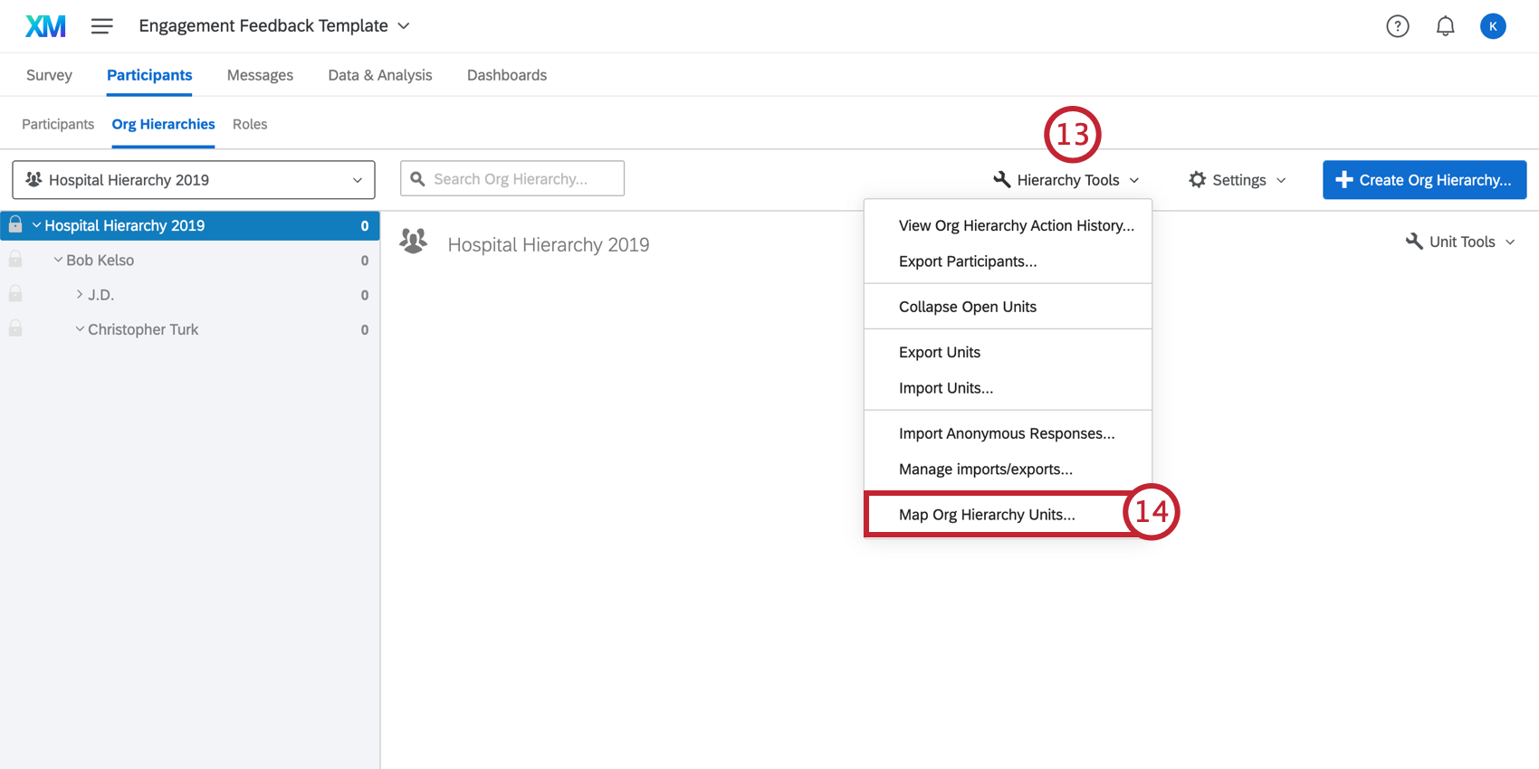Opening the Hierarchy Tools drop down menu and selecting Map Org Hierarchy Units
