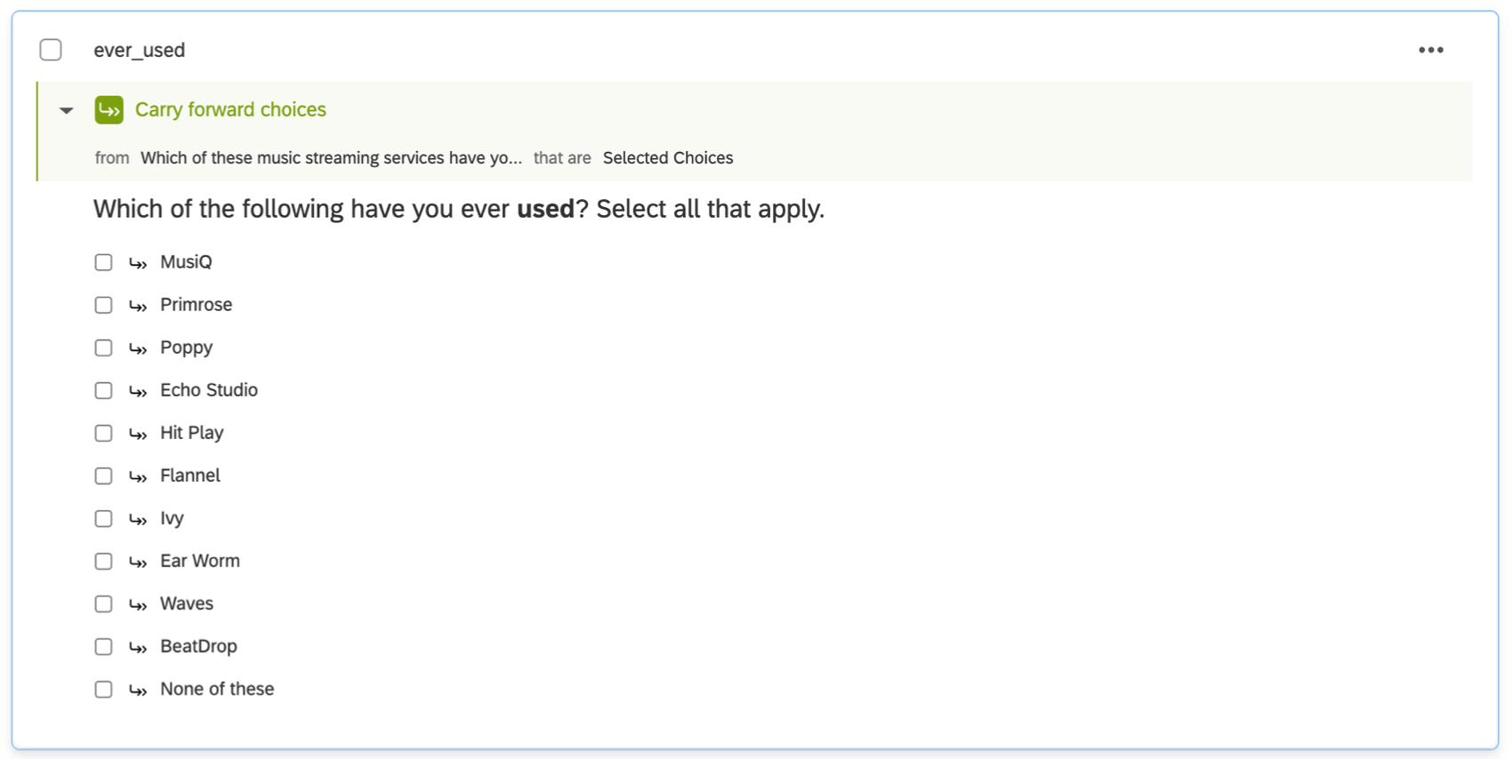 Lequel de ces services de streaming avez-vous déjà utilisé ? Les réponses sont multi-sélectionnées, une liste de marques. En haut, la question a été reportée