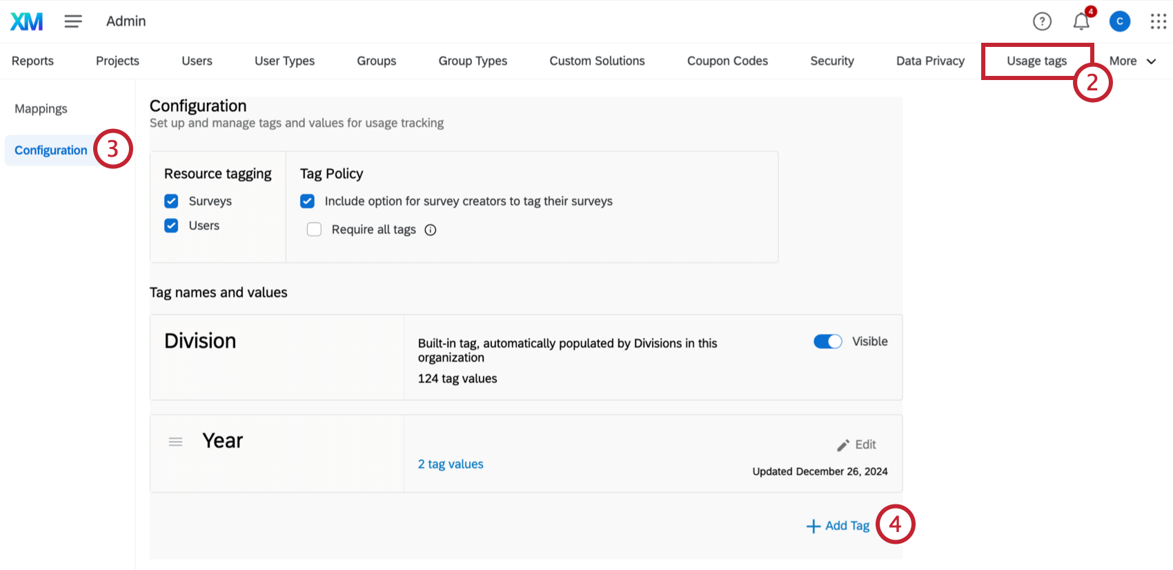 usage tags section of admin. the add tag button for creating a new tag