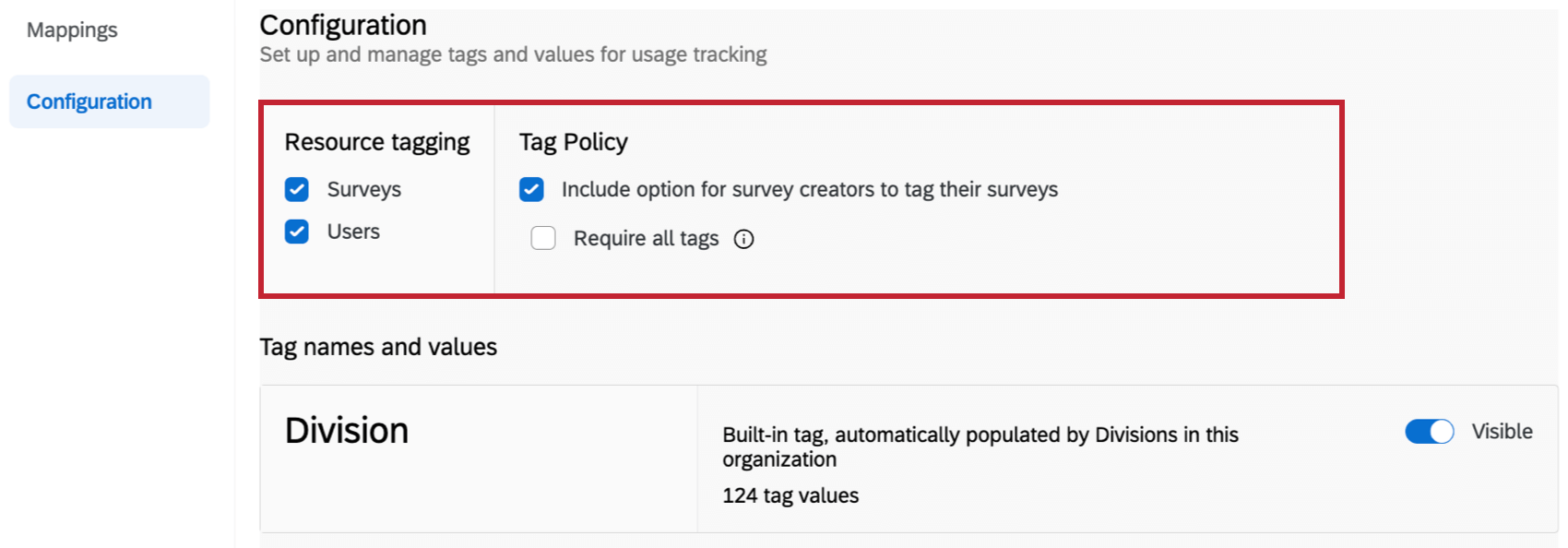 the resource tagging box at the top of the configuration page