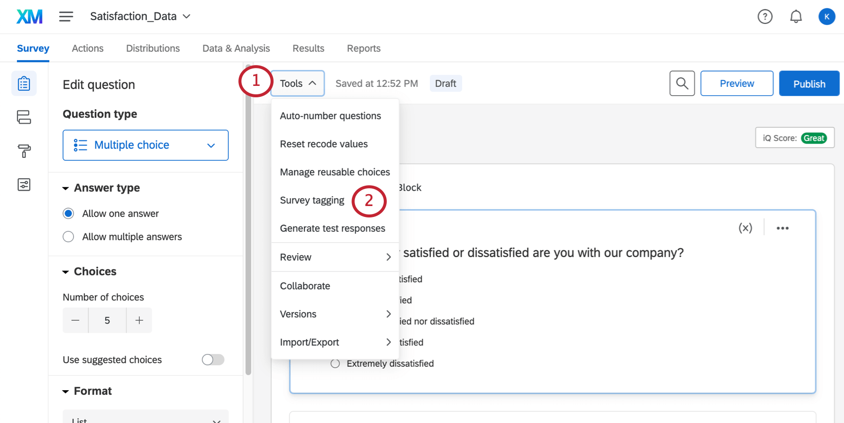 das Dropdown-Menü zur Auswahl eines Tag-Werts