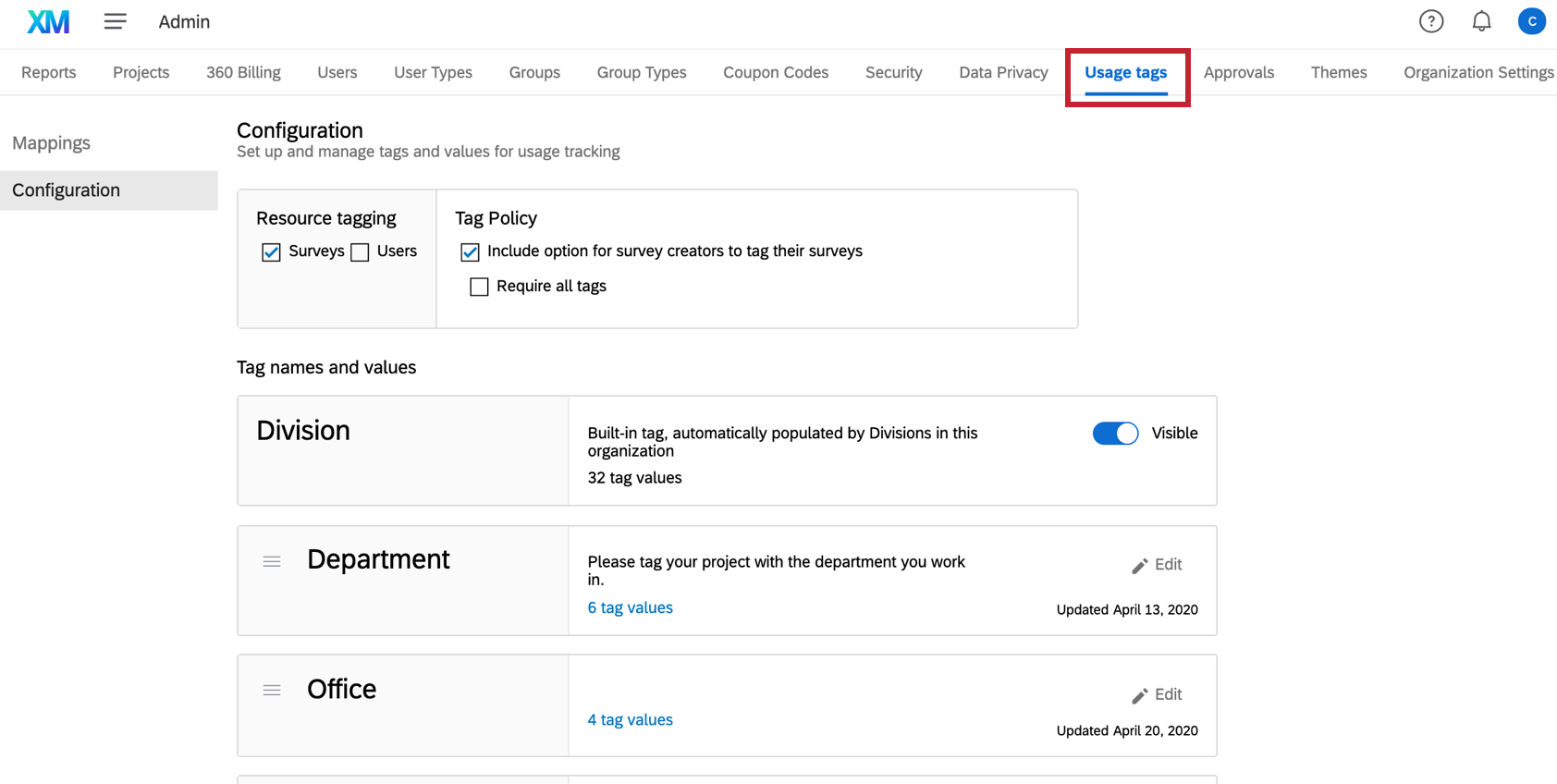 Registerkarte "Verwendungs-Tags" in Admin