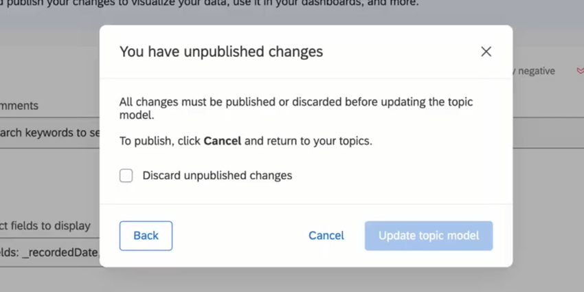 a janela pop-up solicitando o descarte de alterações não publicadas