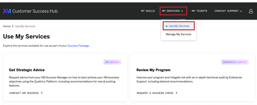 selecting "use my services" from the "my services" dropdown