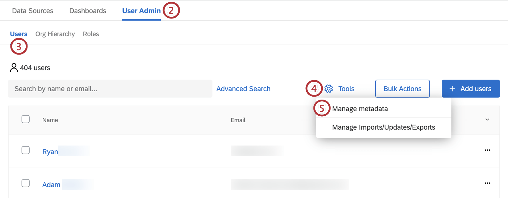 Image de la gestion des métadonnées dans longlet dadministration de lutilisateur