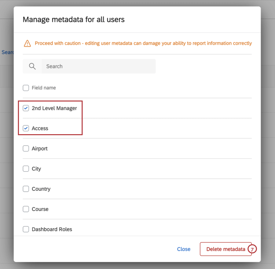 metadata fields selected for deletion