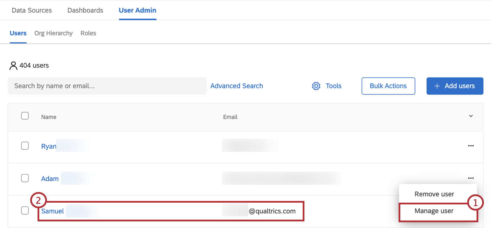 selecting an individual user to manage