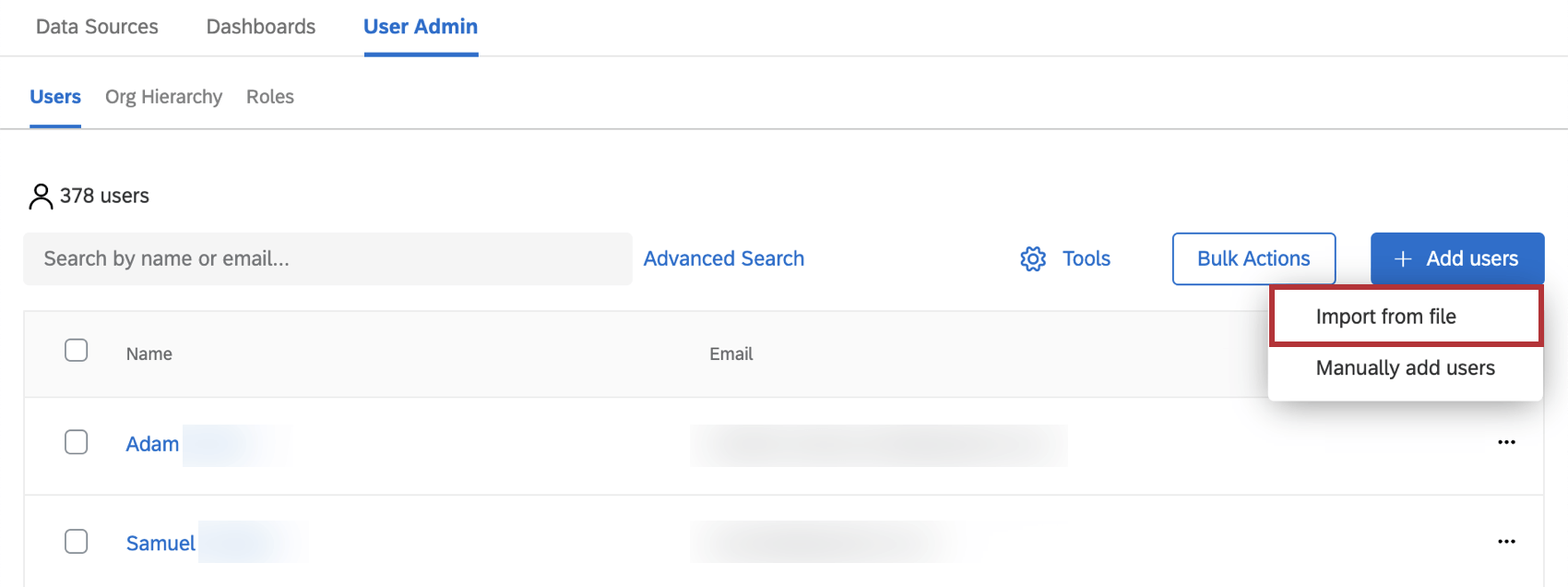 Dropdown with import users option highlighted