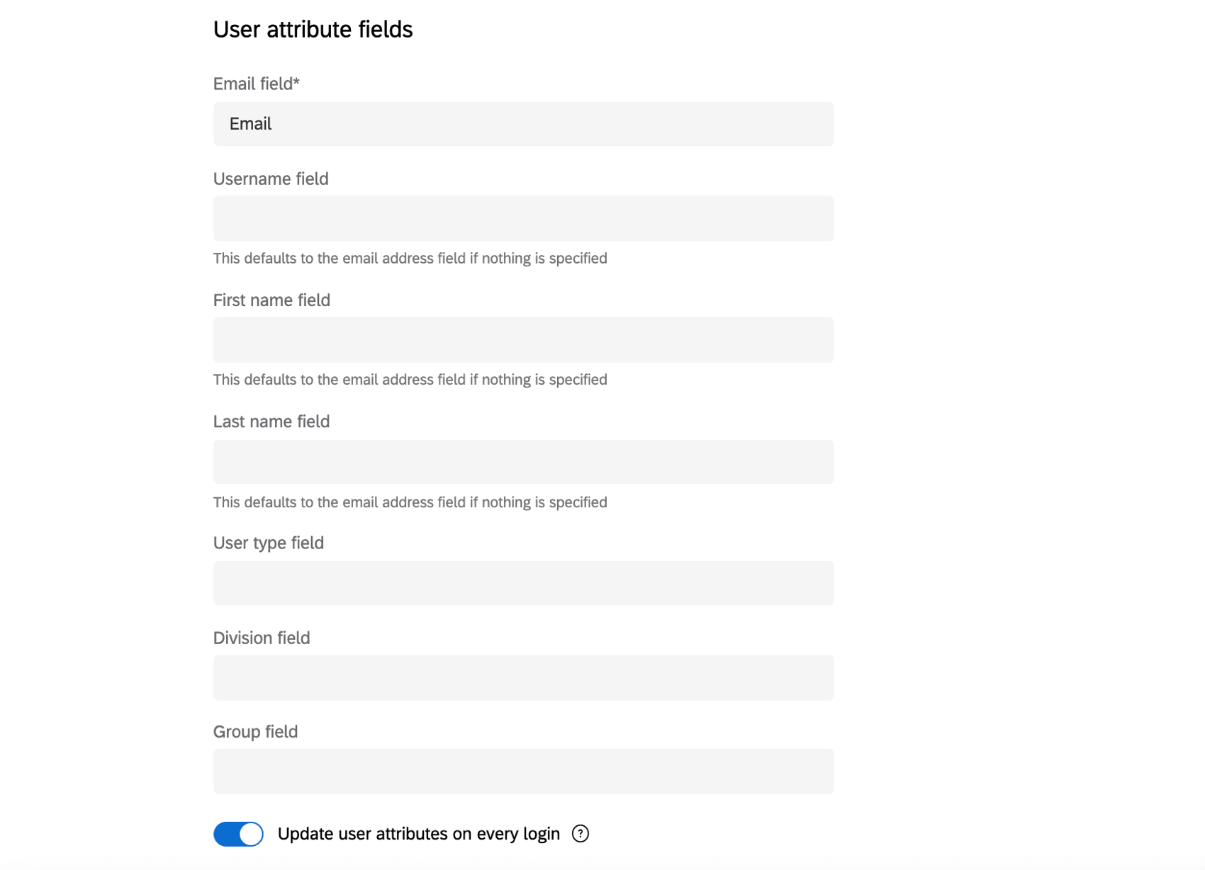 Abschnitt für Benutzerattribute in sso