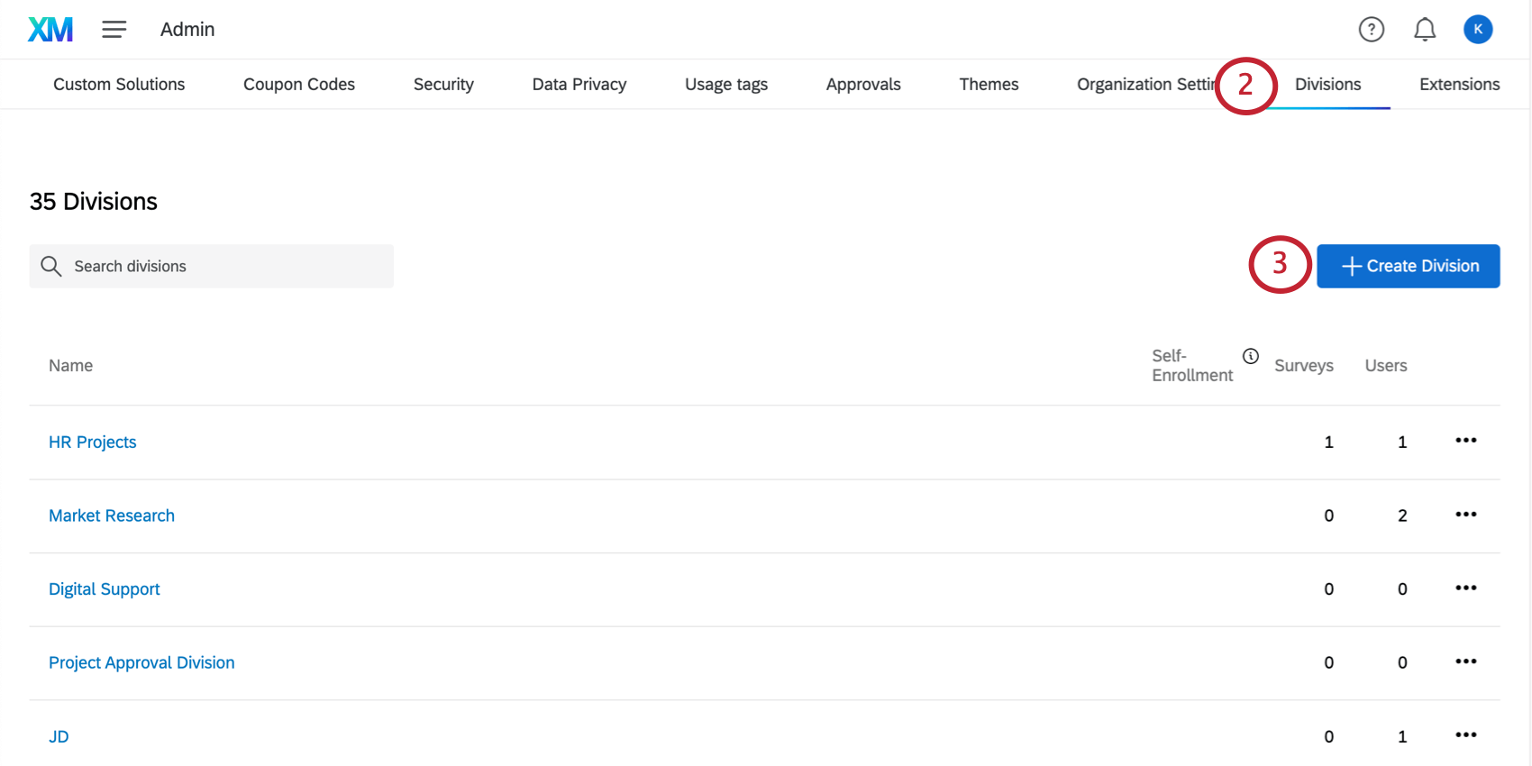 image of the division section of the admin tab. The Create Division button in the top-right is highlighted
