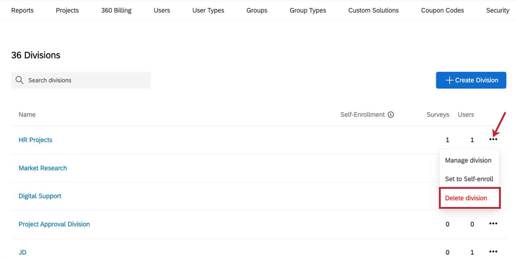 Dropdown next to a division, Delete division highlighted