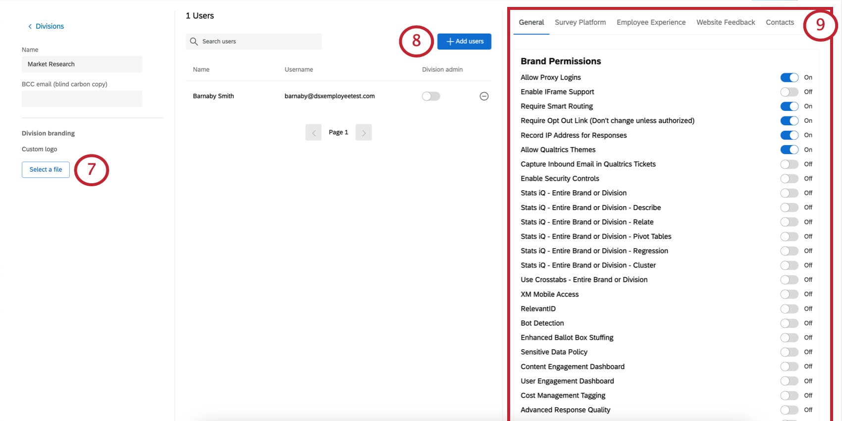 Image of a newly created division, divided into three parts: general information, users, and permissions