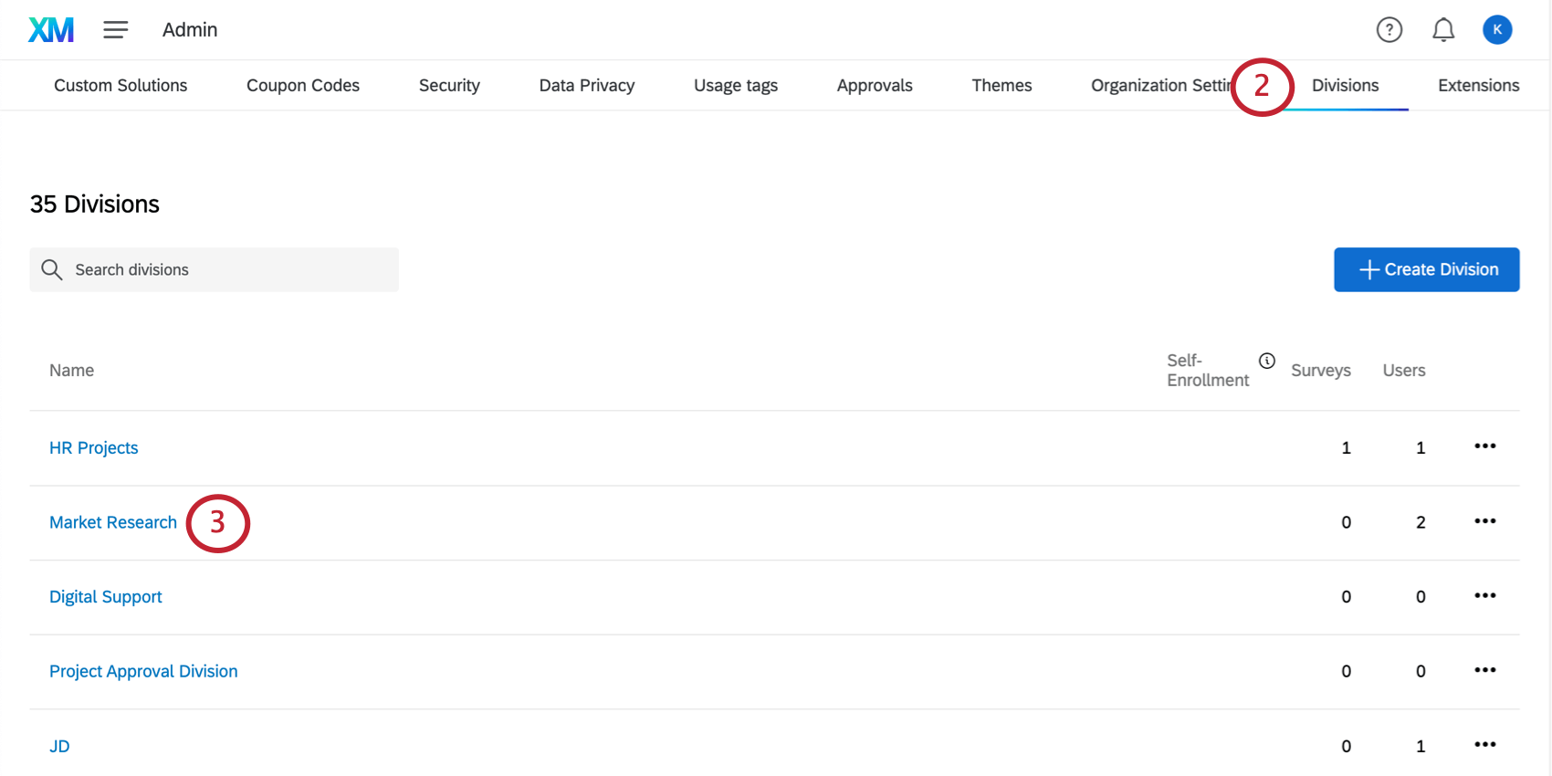 Image of divisions page, list of divisions