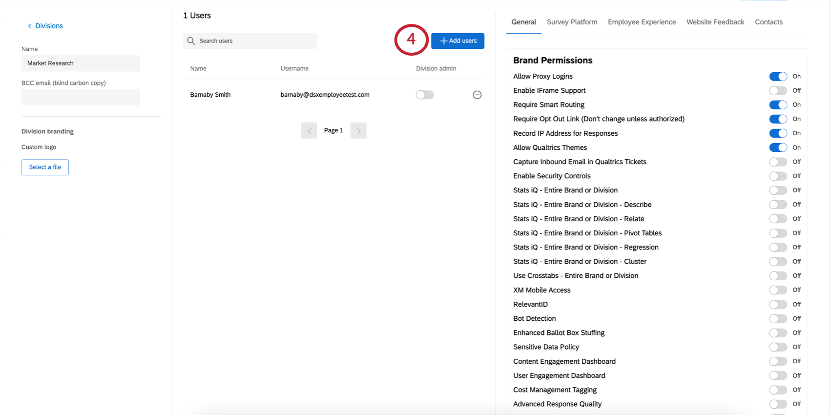 Add users button in middle section of divisions page